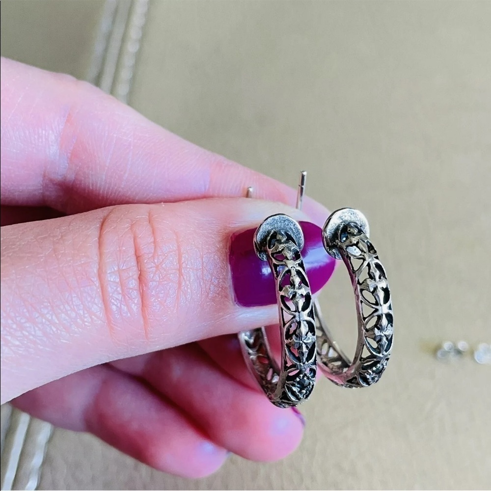 Ornate Hoop Cross Sterling Silver And Marcasite Earrings - Picture 7 of 9